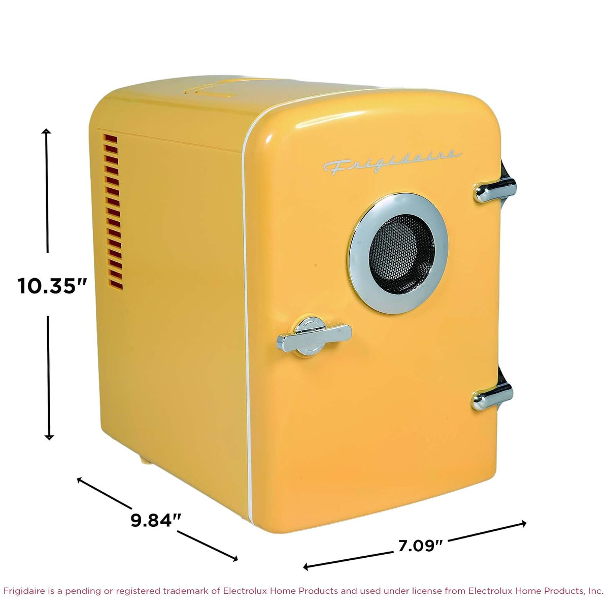 Frigidaire Curtis EFMIS151 Mini Portable Compact Personal Cooler Fridge, 4 Liter Capacity, 6 Cans, Makeup, Skincare, Freon-Free & Eco Friendly, Includes Home Plug & 12V Car Charger, Yellow