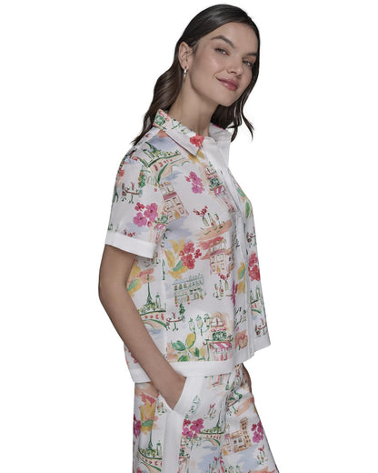 Karl Lagerfeld - Camisa de Campamento con Botones para Mujer, Blanco Suave/Coral Fusion Multi