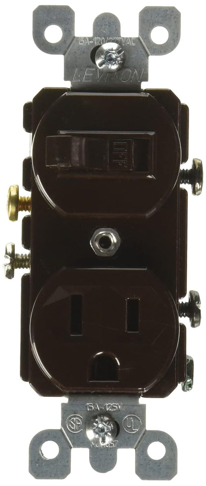 Leviton 041-05225-000 Interruptor Sencillo de Palanca y Receptáculo 15A 125V Nema 5-15R, Café, pack of/paquete de 1