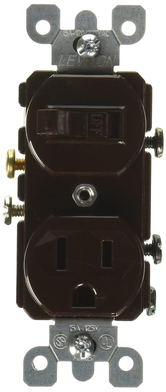 Leviton 041-05225-000 Interruptor Sencillo de Palanca y Receptáculo 15A 125V Nema 5-15R, Café, pack of/paquete de 1