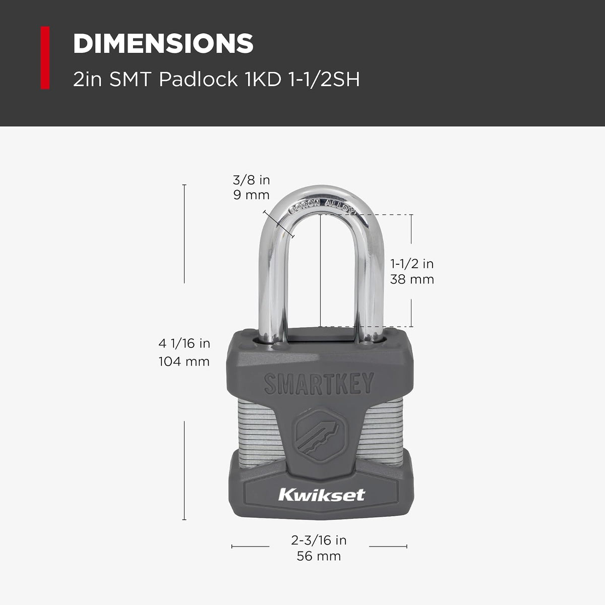 Kwikset SmartKey - Candado de acero laminado con llave con grillete de carburo de boro, puerta exterior y cerradura de almacenamiento, cuerpo de 2 pulgadas, grillete de 1-1/2 pulgadas, paquete de 2