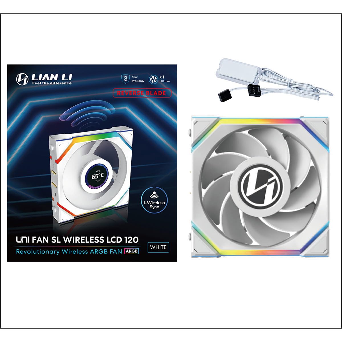 Lian Li UNI Fan SL LCD Wireless (Reverse Blade) 120mm ARGB Fan - Single Pack - LCD - 2.4 GHz señal inalámbrica para RGB y control de ventilador - driver no integrado & Omitido - Blanco (12RSLLCD1W1W)