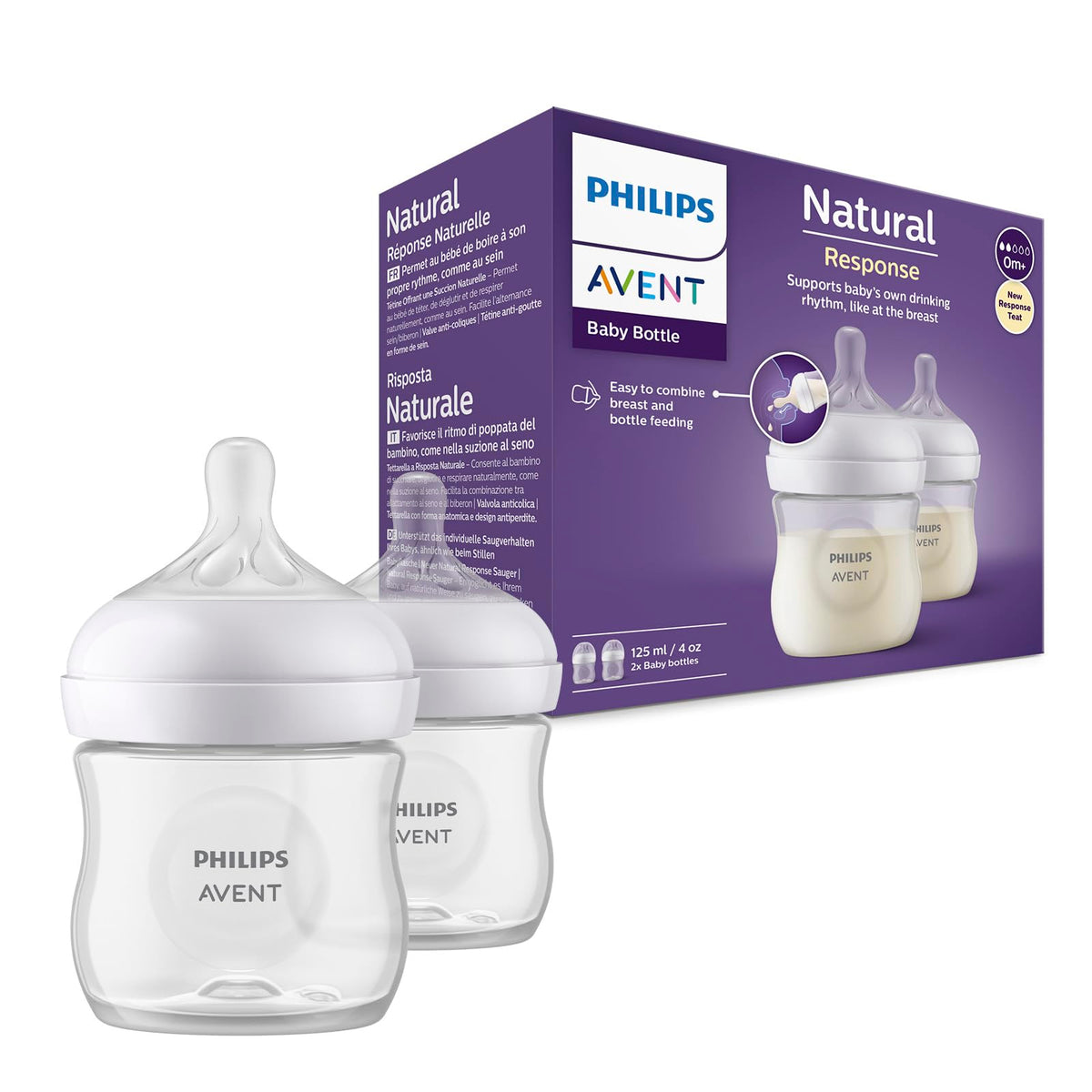 Philips Avent Biberón Natural Response 4 oz Traslúcido | Combina pecho y biberón fácilmente | Apoya el ritmo de alimentación de cada bebé | Flujo 2 - Lento | 2 pz | SCY900/02