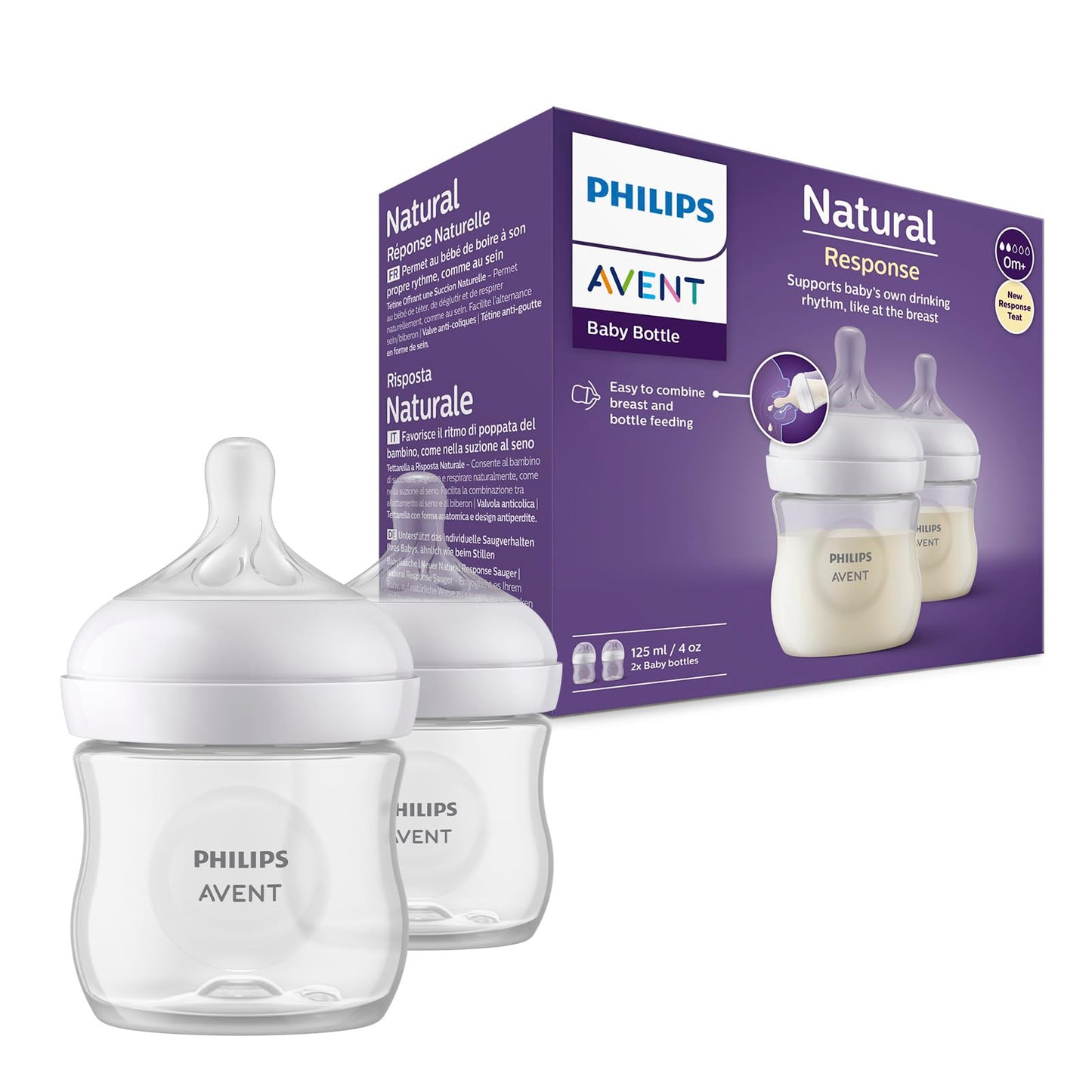 Philips Avent Biberón Natural Response│con válvula anticólicos│4 oz/125 ml│0 m+│Flujo 2 Lento│2 pzs│SCY900/02