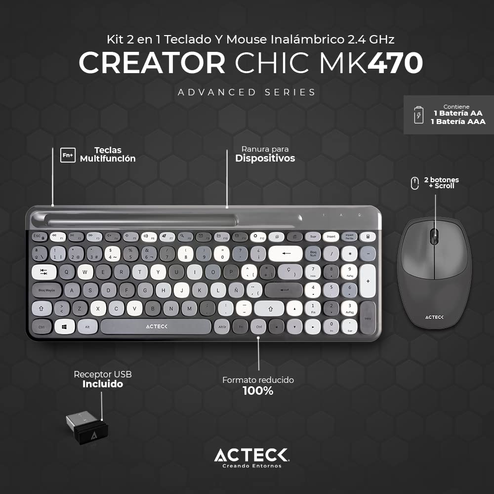 Creator Chic Colors MK470, Combo Teclado y Mouse Inalámbrico, Diseño Vanguardista, Teclado 100% con Teclas de Membrana, Mouse Ergonómico 1600 dpi, 2.4 MHz, Incluye Baterías AAA y AA (Negro)