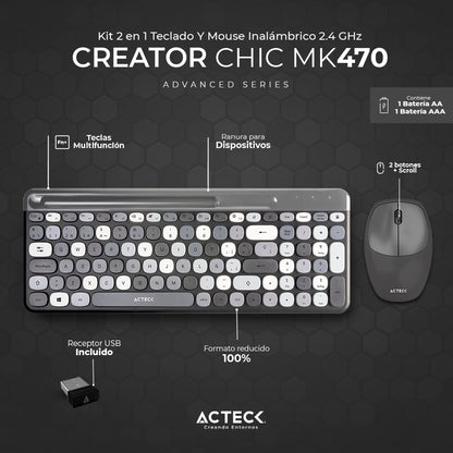 Creator Chic Colors MK470, Combo Teclado y Mouse Inalámbrico, Diseño Vanguardista, Teclado 100% con Teclas de Membrana, Mouse Ergonómico 1600 dpi, 2.4 MHz, Incluye Baterías AAA y AA (Negro)