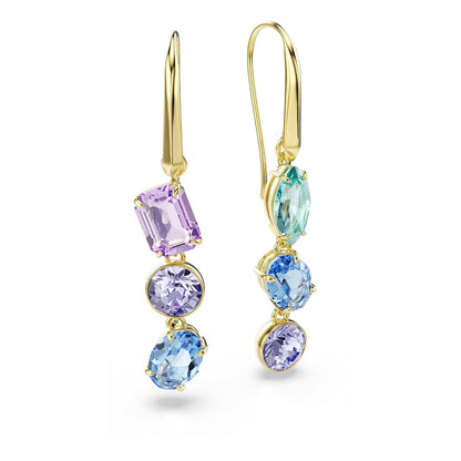 arete de gota Swarovski Gema, diseño asimétrico, corte mixto, multicolor, baño dorado