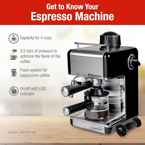 Koblenz Cafetera Espresso y Cappuccino, 4 Tazas, 3.5 Bares de Presión, Potencia de 800 W, Sistema de Espuma para Café Cappuccino, Color Negro con Acero Inoxidable, CKM-650 EIN, 00-0603-00-1