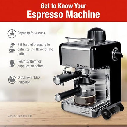 Koblenz Cafetera Espresso y Cappuccino, 4 Tazas, 3.5 Bares de Presión, Potencia de 800 W, Sistema de Espuma para Café Cappuccino, Color Negro con Acero Inoxidable, CKM-650 EIN, 00-0603-00-1