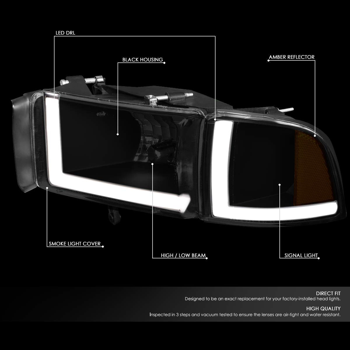 DNA Motoring HL-LB2-DR944-BK-SM-AM Faros Delanteros Ámbar Ahumado LED DRL Repuesto para Dodge Ram 1500 94-01
