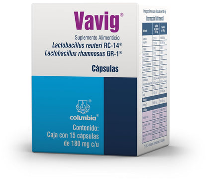 Vavig, 5 billones de probióticos Lactobacillus rhamnosus GR-1 y Lactobacillus reuteri RC-14, 15 cápsulas vía oral
