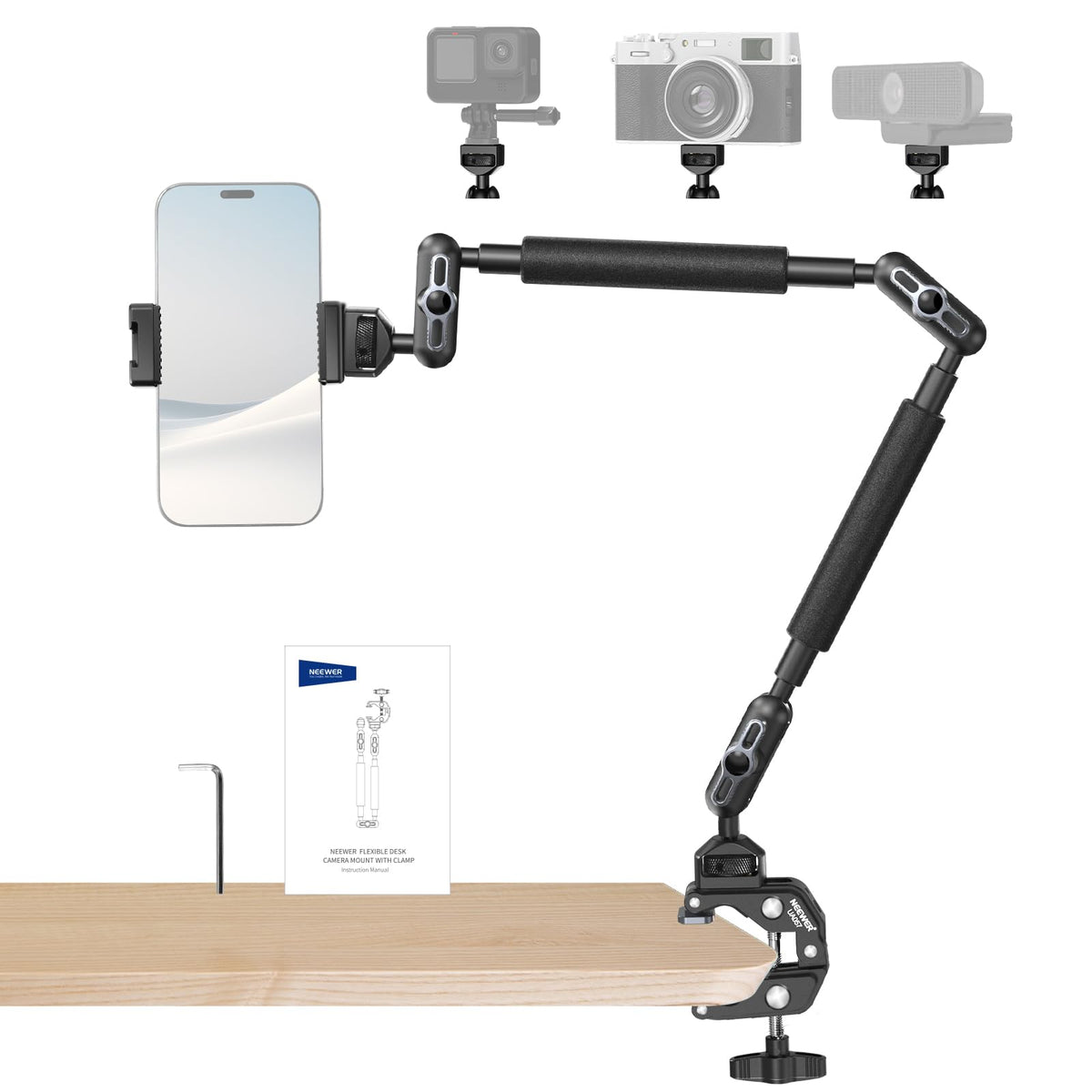 NEEWER 22" Brazo Mágico con Abrazadera Soporte para Móvil con Cámara de Escritorio con Brazo Articulado Doble Rótula 1/4" 3/8" Rosca para ARRI Compatible con iPhone DSLR Action Camera Luz Video, UA057