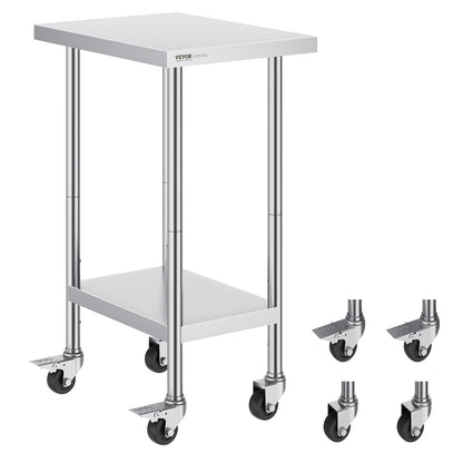 VEVOR Mesa de Trabajo de Acero Inoxidable con Ruedas y Estantes - 24 x 18 x 38 Inch - plateado