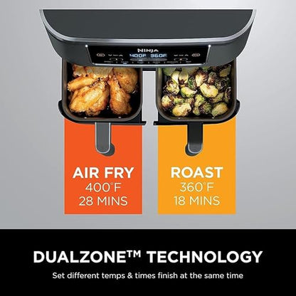 Ninja Foodi Freidora de Aire DualZone 8QT 6 en 1 Gris DZ201 | 2 Cestas Independientes al Mismo Tiempo | Smart Finish Sincroniza Listo | 6 Funciones | 8QT