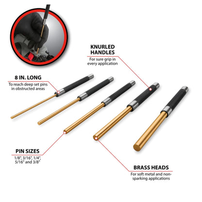 Performance Tool Juego de Punzones para Herramientas de Rendimiento, 5pcs 8" Long Brass Pin Punch