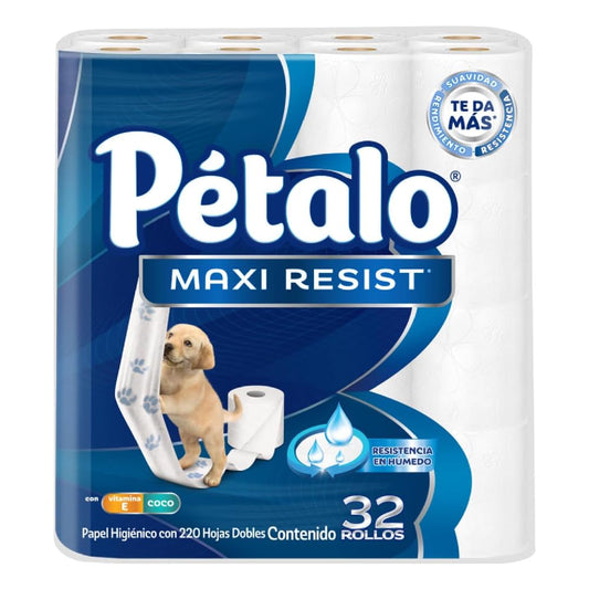 Pétalo Maxi Resist Papel Higiénico, 32 rollos de 220 hojas dobles, con Vitamina E y Coco