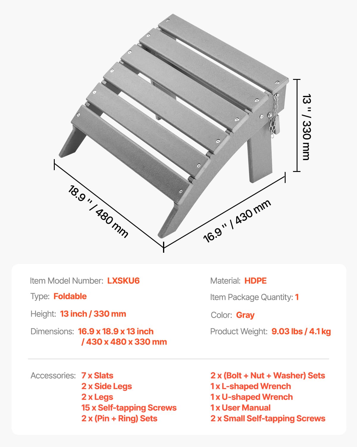 VEVOR - otomana Adirondack, 16.9 Pulgadas de Largo x 18.9 Pulgadas de Ancho x 13 Pulgadas de Alto, otomana Adirondack Plegable, Resistente a la Intemperie para Silla Adirondack, ampliamente Utilizado