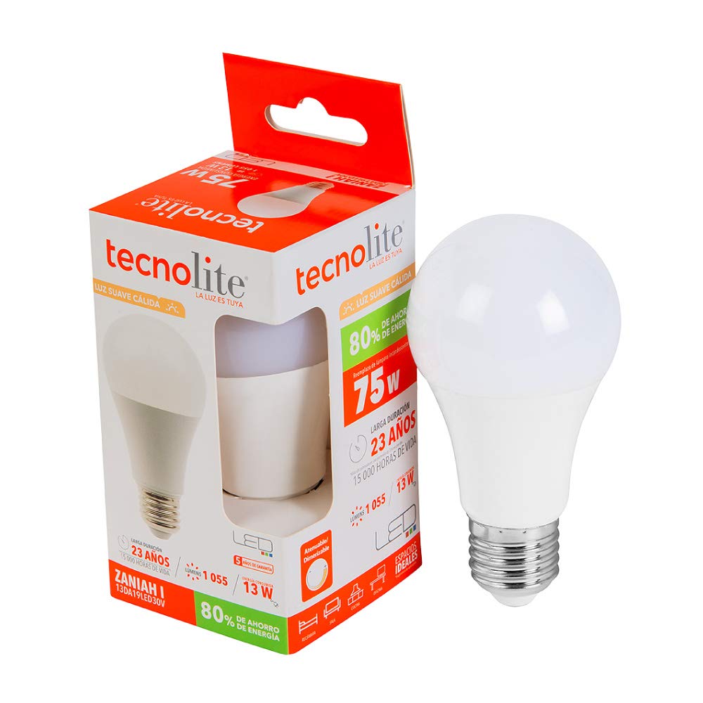 Tecnolite - Foco A19 LED 13 W, Luz Suave Cálida, Base E27, Atenuable