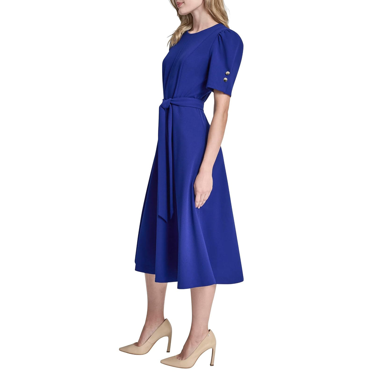DKNY Short Puff Sleeve Jewel Neck Midi Dress Removable Belt Scuba Crepe Dress Vestido Mujer