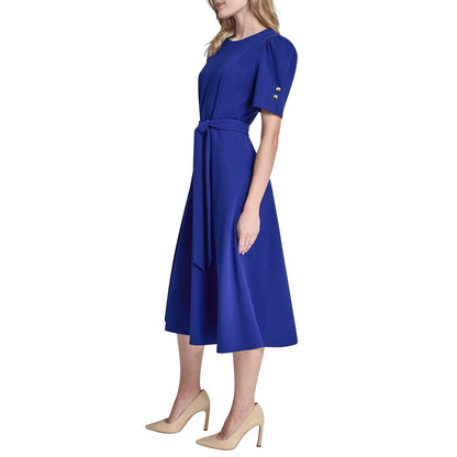DKNY Short Puff Sleeve Jewel Neck Midi Dress Removable Belt Scuba Crepe Dress Vestido Mujer