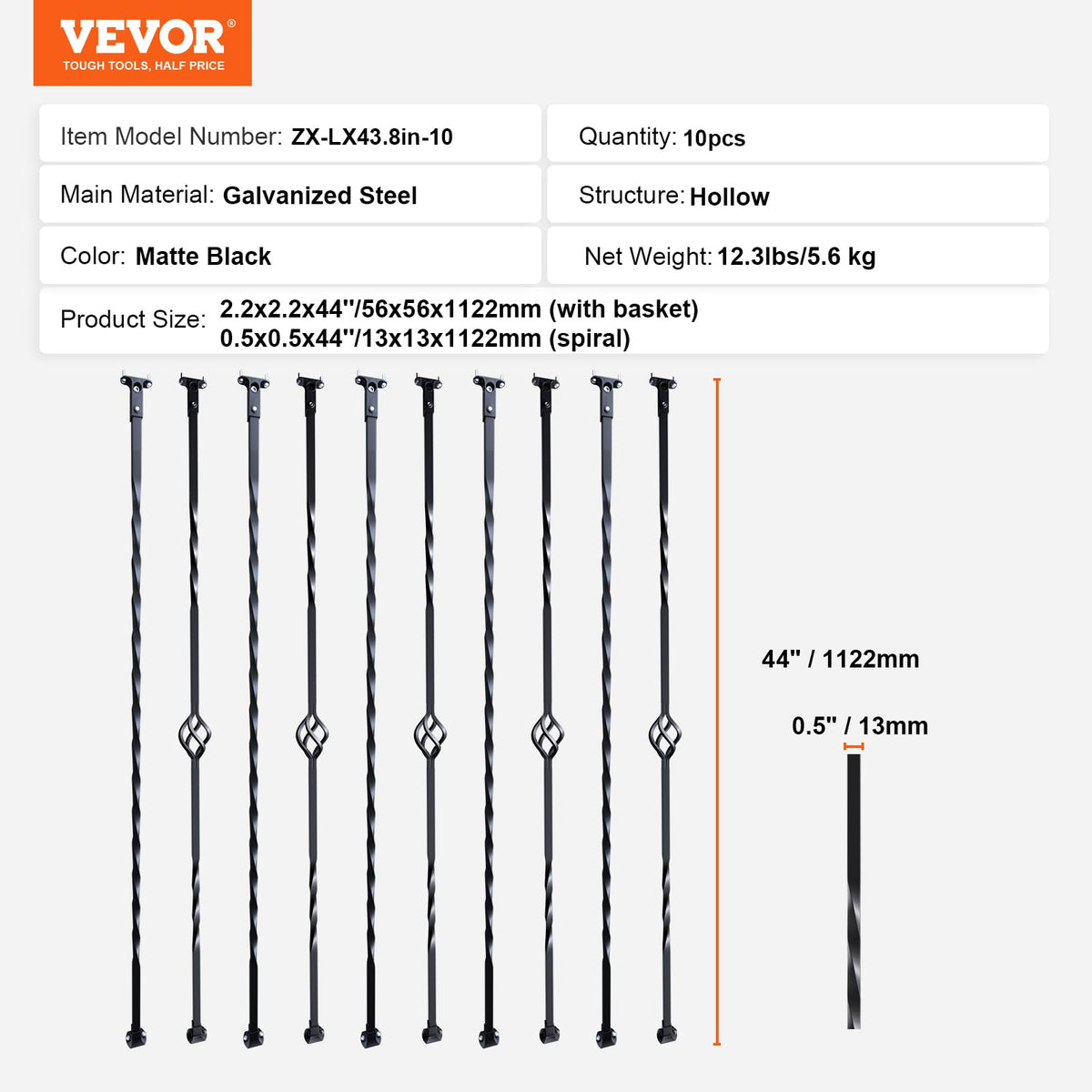 VEVOR - de metal para escalera, 44 x 1/2 pulgadas, ejes decorativos de acero galvanizado, paquete de 10 de cubierta con cestas individuales huecos, giros, de escalera