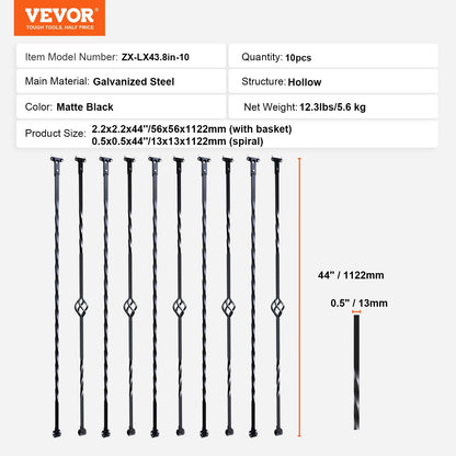 VEVOR - de metal para escalera, 44 x 1/2 pulgadas, ejes decorativos de acero galvanizado, paquete de 10 de cubierta con cestas individuales huecos, giros, de escalera