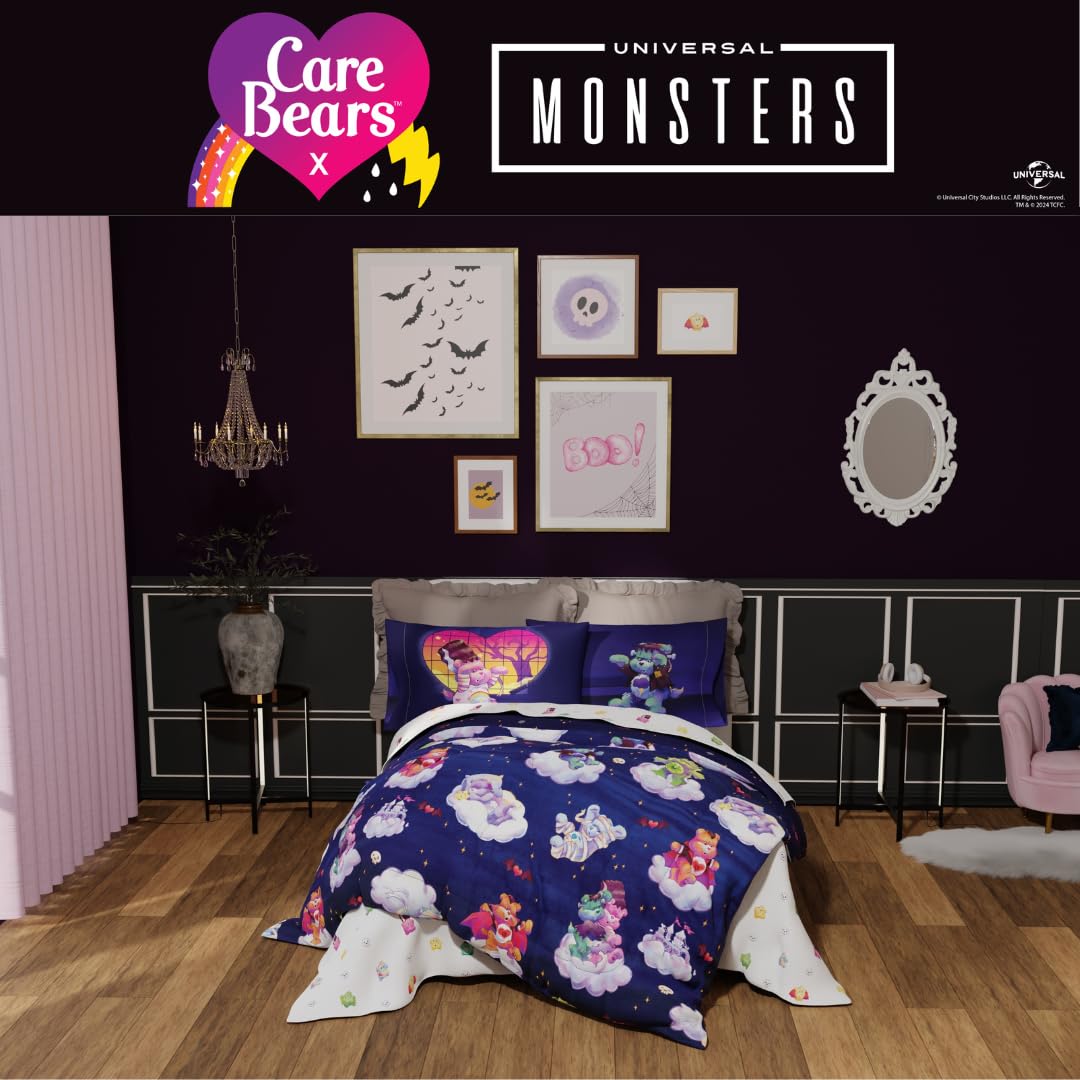 Franco Care Bears x Universal Monsters - Juego de Ropa de Cama de 7 Piezas súper Suave y Acogedor Reversible y Juego de sábanas con Funda matrimonial, (Producto con Licencia Oficial)
