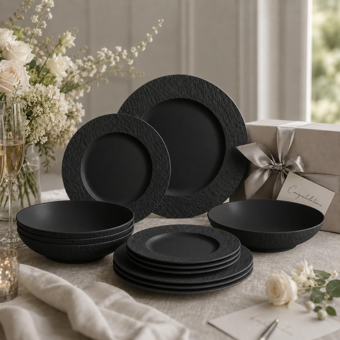 Villeroy & Boch Manufacture Rock Juego de Vajilla | 12 piezas, servicio para 4, platos de cena, platos de ensalada, cuencos de pasta, porcelana, negro mate, hecho en Alemania