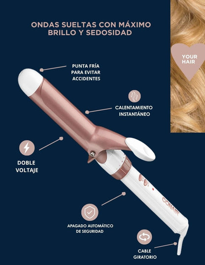Conair Tenaza con tecnologia de doble ceramica con barril de 1 1/4" cd702gnes Blanco/Rose Gold, 0.38 kilograms, 1 unidad