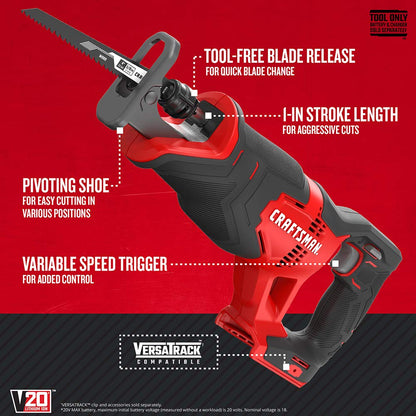 CRAFTSMAN V20 Sierra alternativa, sin cable, 3.000 RPM, disparador de velocidad variable, cambio rápido y fácil de la cuchilla, solo herramienta desnuda (CMCS300B)