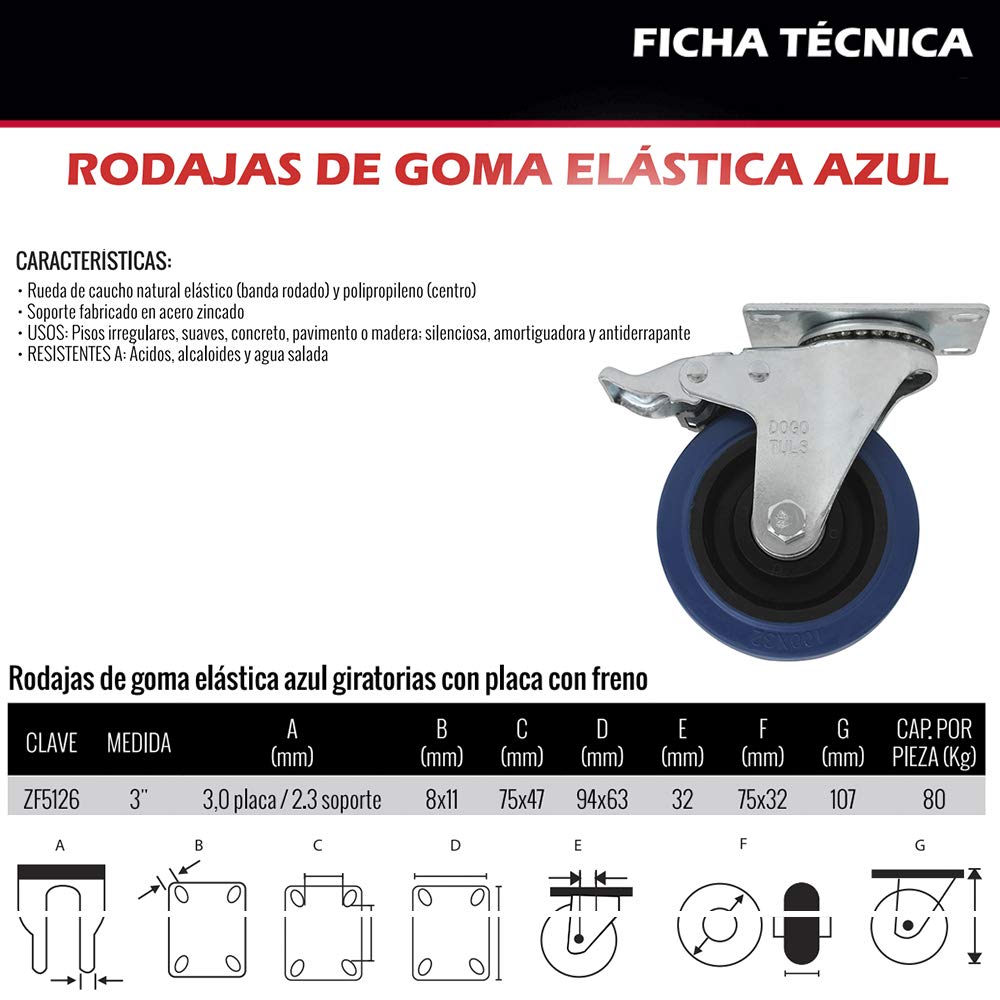 Dogotuls ZF5126 Rodaja Goma Elástica Giratoria con Freno y Placa, color Azul, 3"