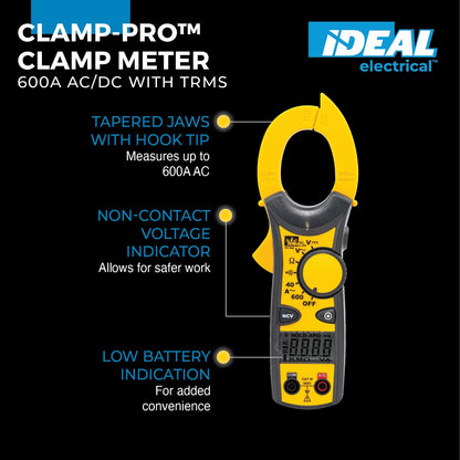 IDEAL 61-746 600 Amp Clamp-Pro Clamp Meter with True RMS | 600 A, Medición CA/CC, Diseño Mandíbula Cónica, Apagado Automático