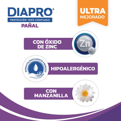Diapro Pañal Anatómico Desechable para Incontinencia, Talla Grande, Unisex, Caja con 40 Piezas (4 paquetes de 10 piezas c/u), con protección trasera