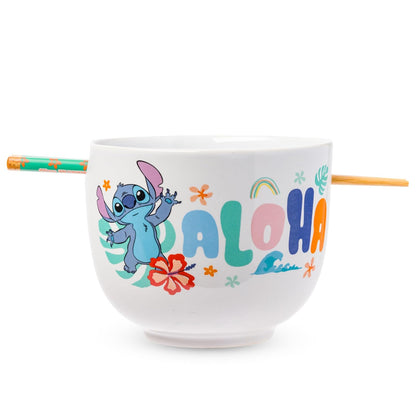 Silver Buffalo Tazón de Cerámica Lilo & Stitch, 20 oz con Palillos y Cuchara - Lilo y Stitch Aloha