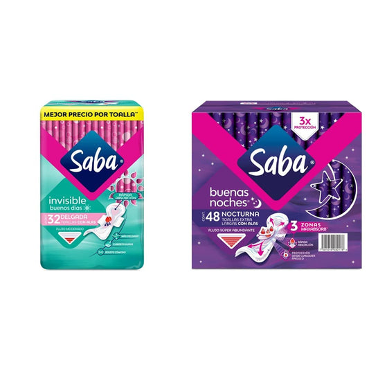 Saba Saba Invisible Buenos Días, Toallas Femeninas Delgadas Con Alas, Flujo Moderado, 32 Piezas, color, Grande, pack of/paquete de + Buenas Noches Con Alas; Toallas Femeninas Nocturnas Xl,