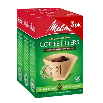 Melitta - Filtros de café de cono #4, café natural sin blanquear, 100 unidades (paquete de 3) 300 filtros totales, el embalaje puede variar