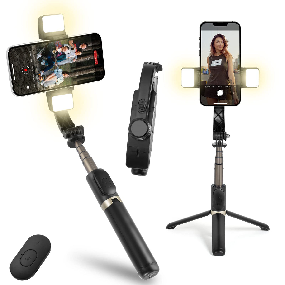Estabilizador para Celular, Estabilizador de Cardán con Luz de Relleno, Estabilizador de Cardán para Teléfono con Mando Inalámbrico y Trípode, Rotación Automática de 360°,Estabilizador con Palo Selfie
