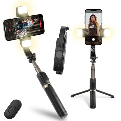 Estabilizador para Celular, Estabilizador de Cardán con Luz de Relleno, Estabilizador de Cardán para Teléfono con Mando Inalámbrico y Trípode, Rotación Automática de 360°,Estabilizador con Palo Selfie