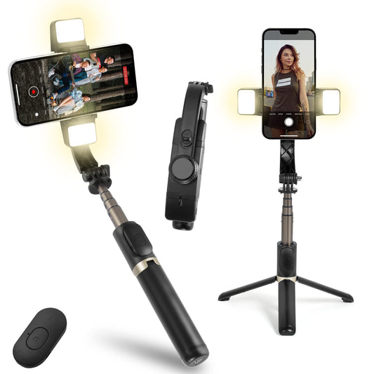 Estabilizador para Celular, Estabilizador de Cardán con Luz de Relleno, Estabilizador de Cardán para Teléfono con Mando Inalámbrico y Trípode, Rotación Automática de 360°,Estabilizador con Palo Selfie