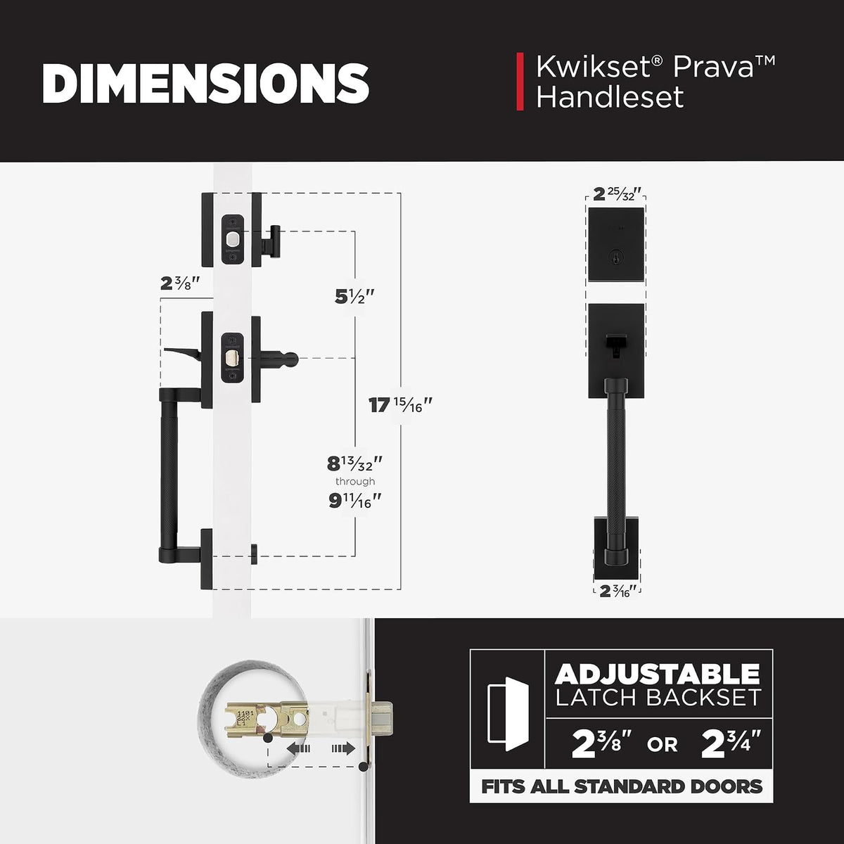 Kwikset Prava - Juego de manija y cerrojo para puerta delantera con palanca reversible interior, color negro mate, resistente a la púa SmartKey Rekey seguridad con protección Microban