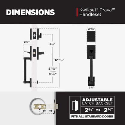 Kwikset Prava - Juego de manija y cerrojo para puerta delantera con palanca reversible interior, color negro mate, resistente a la púa SmartKey Rekey seguridad con protección Microban