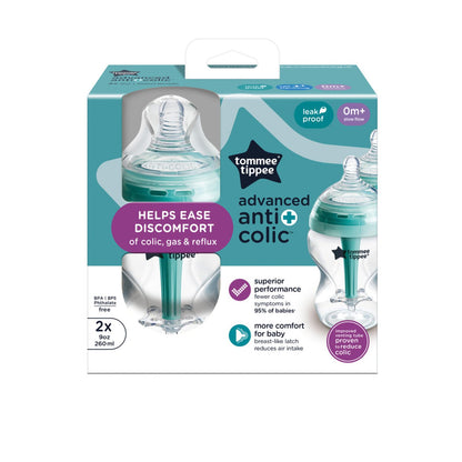 Tommee Tippee Biberones Advanced Anticólicos, Recién Nacido, 260ml/9oz | Paquete de 2, Tetina Flujo Lento Tipo Pecho, Diseño Único Aleja el Aire de la Leche, Transparente, Mamila Libre de BPA