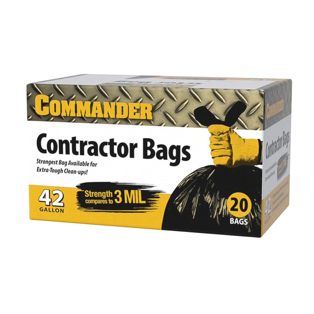 Commander - Bolsas de contratista de 42 galones de 3 mil (eq) resistentes con lazos de solapa, 32 x 46 pulgadas, paquete de 20 - para contratistas, industriales y exteriores