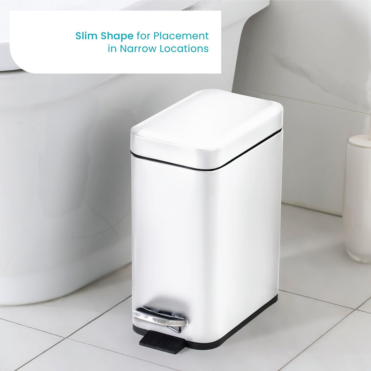 Home Zone Living - Juego de 2 cubos de basura pequeños de 1.3 galones, color blanco con tapa y pedal, papelera de acero inoxidable con diseño delgado para el hogar y la oficina, 5 litros