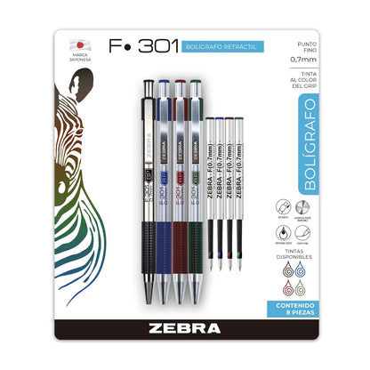 Zebra Set 4 Bolígrafos F-301 + 4 Repuestos F Multicolor