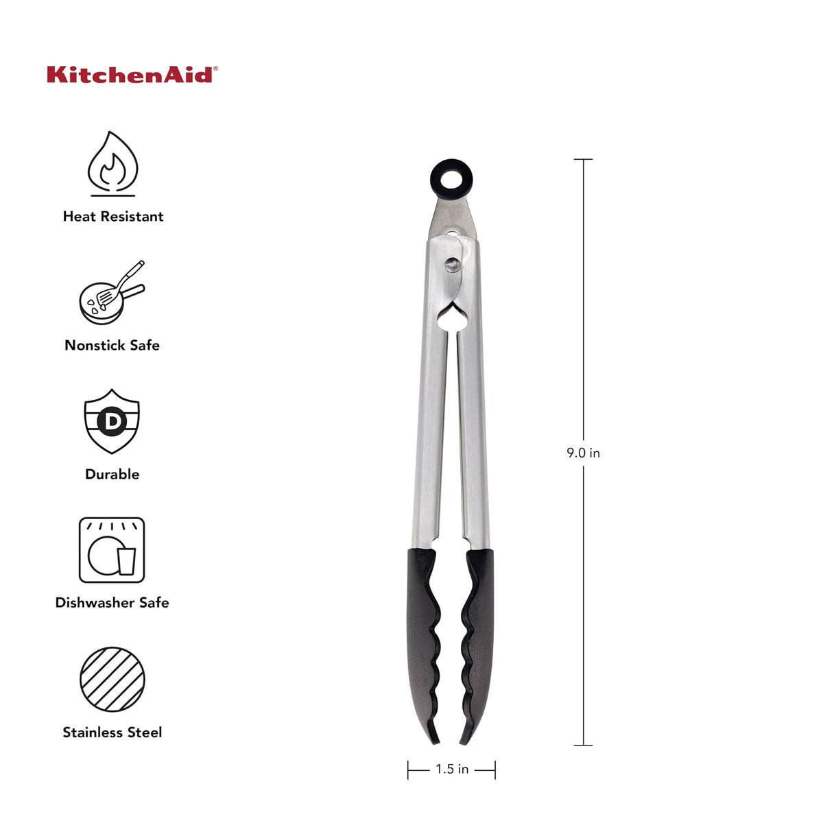 KitchenAid - Pinzas de acero inoxidable con punta de silicona, color negro, 9 pulgadas