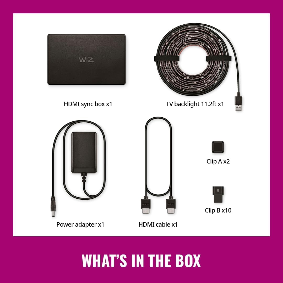 WiZ Sistema HDMI Sync Box + Tira Inteligente TV 75”-85” con luz multicolor que se sincronizan con tu contenido favorito y es compatible con Alexa