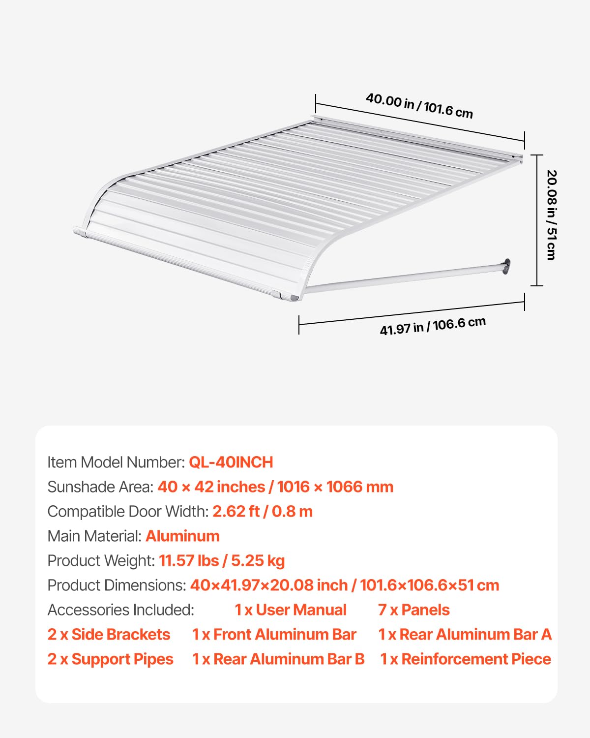 VEVOR Toldo para Exterior, Área de Protección Solar de 1016 x 1066 mm Toldo de Aleación de Aluminio Resistente a la Oxidación con Voladizo Compatible para Puerta de 0,8 m de Ancho de Exterior