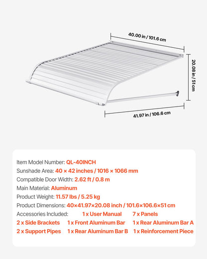 VEVOR Toldo para Exterior, Área de Protección Solar de 1016 x 1066 mm Toldo de Aleación de Aluminio Resistente a la Oxidación con Voladizo Compatible para Puerta de 0,8 m de Ancho de Exterior