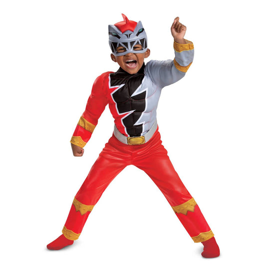 Disfraz muscular de Red Ranger para niño, traje oficial de Power Rangers Dino Fury con máscara, talla M (3T-4T)